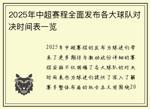 2025年中超赛程全面发布各大球队对决时间表一览