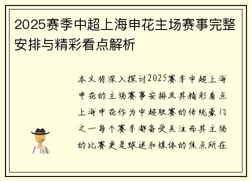 2025赛季中超上海申花主场赛事完整安排与精彩看点解析