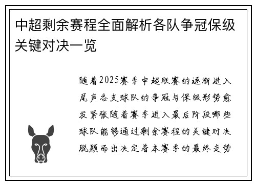 中超剩余赛程全面解析各队争冠保级关键对决一览